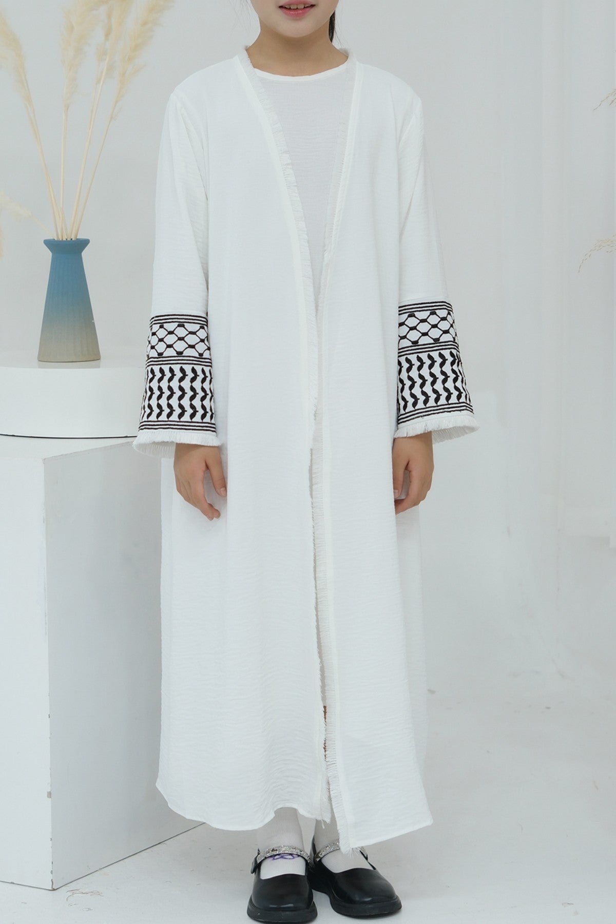 Karina Kids Keffiyeh Inspired Fringed Peace Dove Pattern Embroidery Girls Modest Open Abaya with belt 782 - White - Meliza