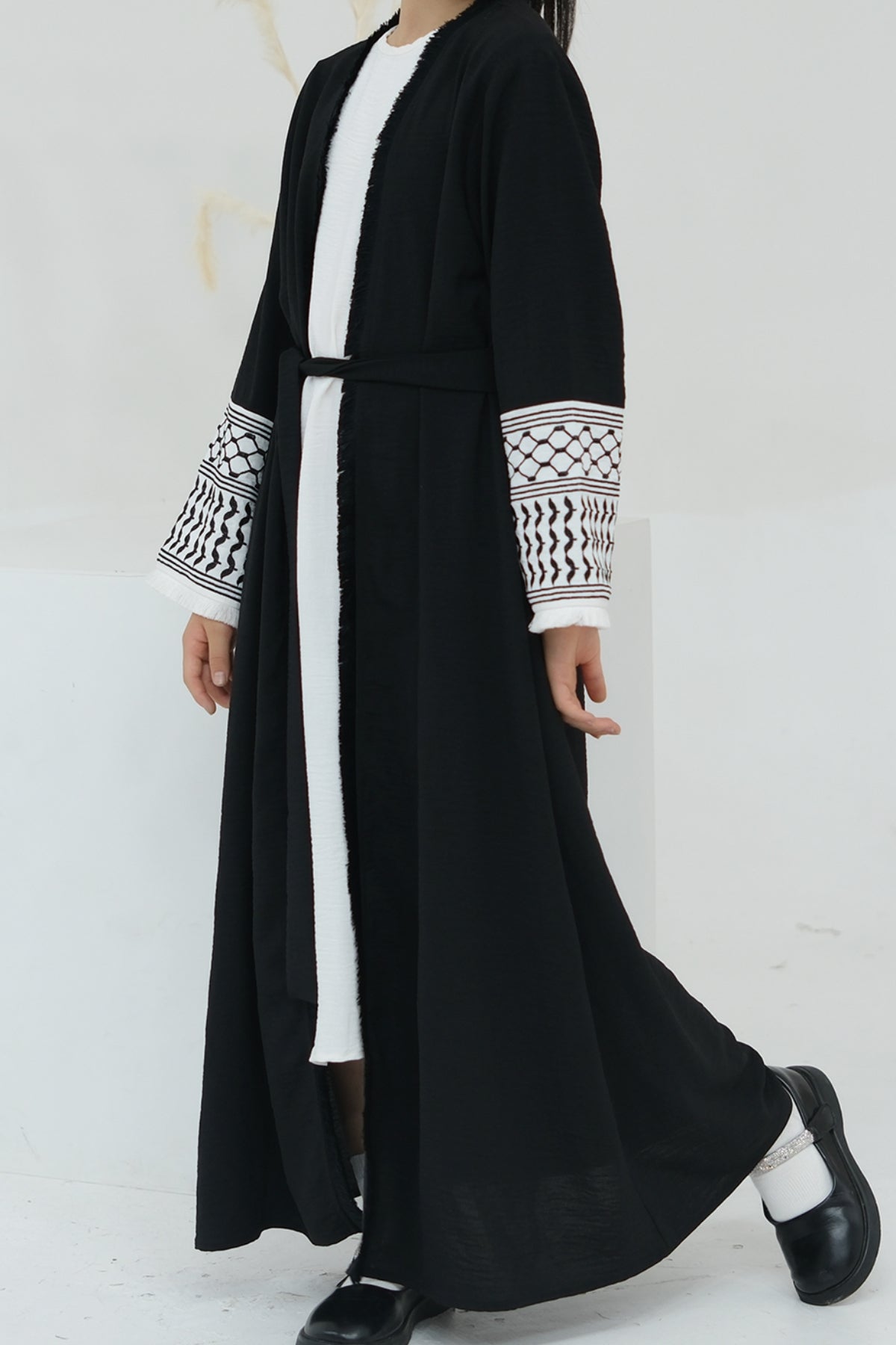 Karina Kids Keffiyeh Inspired Fringed Peace Dove Pattern Embroidery Girls Modest Open Abaya with belt 782-Black - Meliza