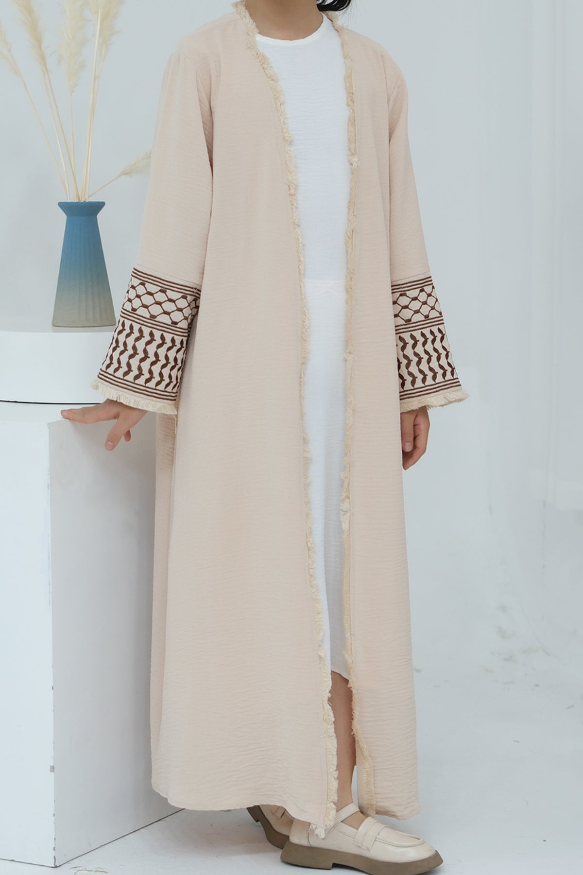 Karina Kids Keffiyeh Inspired Fringed Peace Dove Pattern Embroidery Girls Modest Open Abaya with belt 782-Beige - Meliza