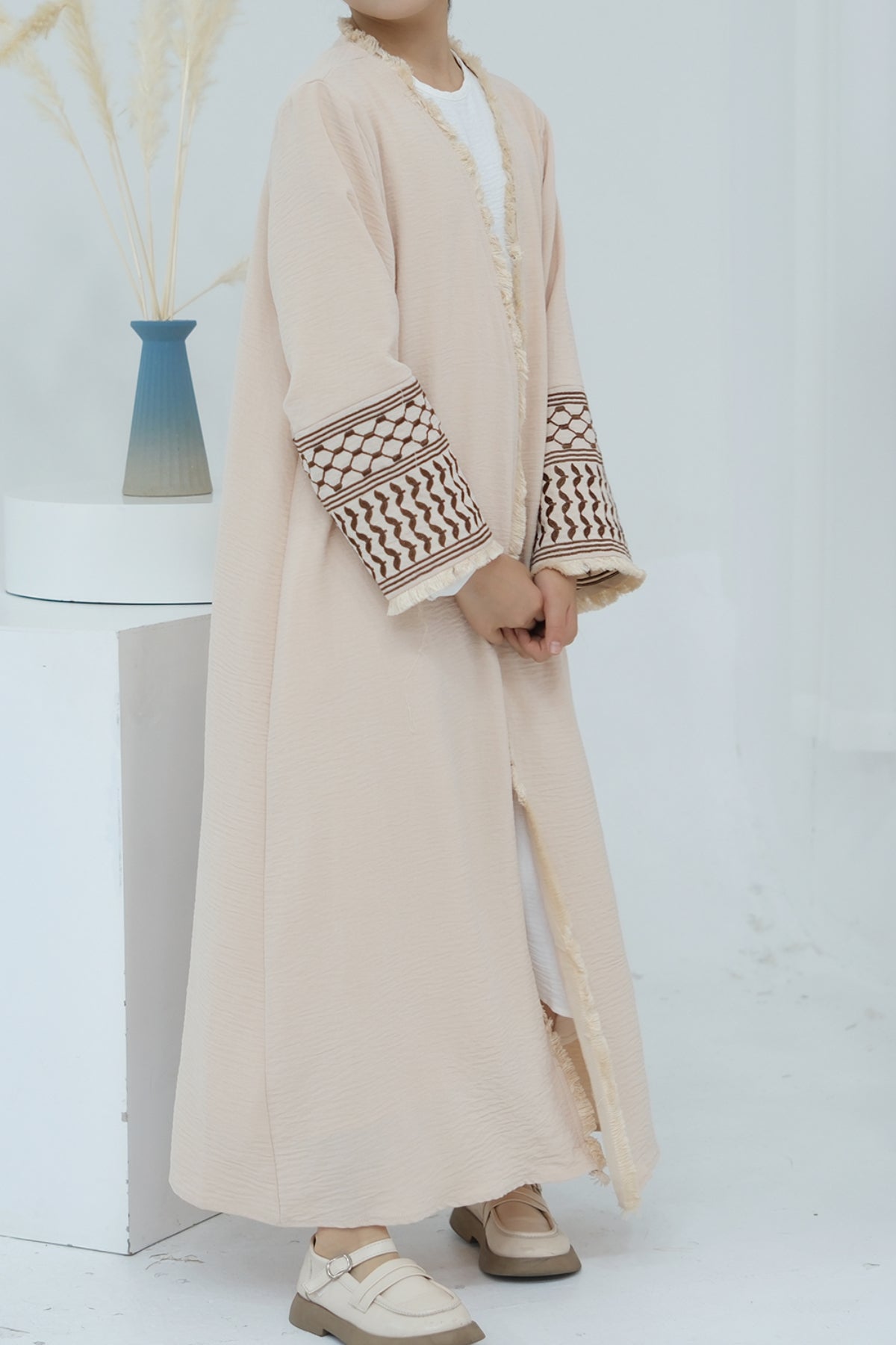 Karina Kids Keffiyeh Inspired Fringed Peace Dove Pattern Embroidery Girls Modest Open Abaya with belt 782-Beige - Meliza