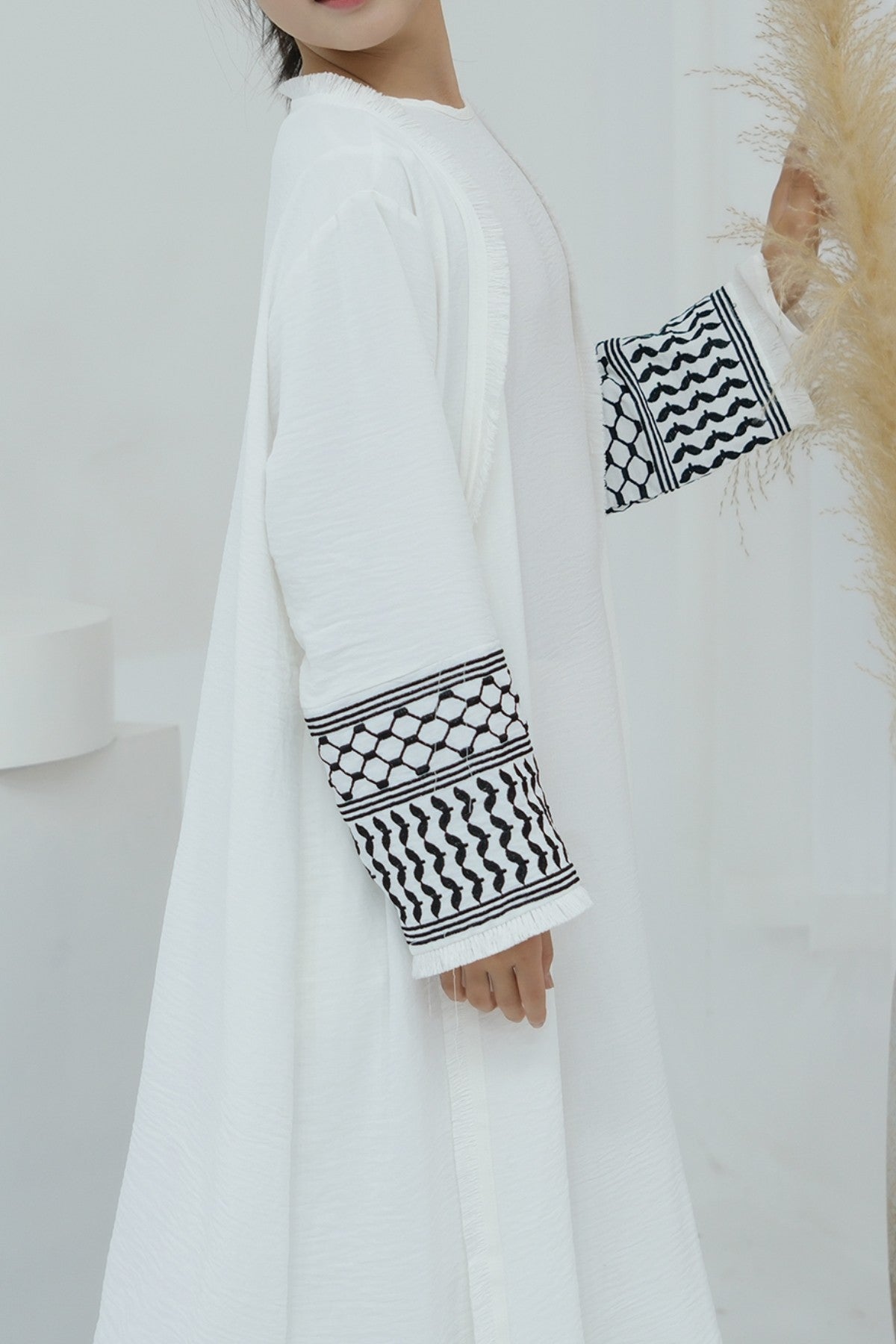 Karina Kids Keffiyeh Inspired Fringed Peace Dove Pattern Embroidery Girls Modest Open Abaya with belt 782 - White - Meliza