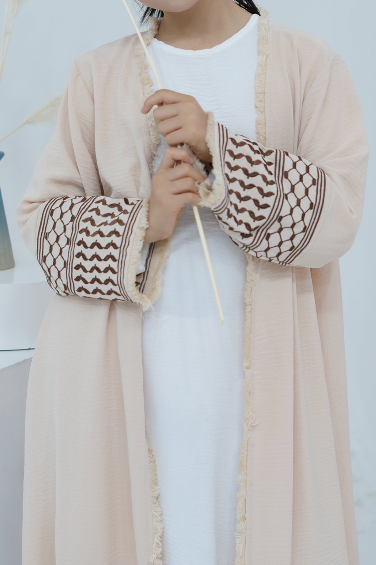 Karina Kids Keffiyeh Inspired Fringed Peace Dove Pattern Embroidery Girls Modest Open Abaya with belt 782-Beige - Meliza