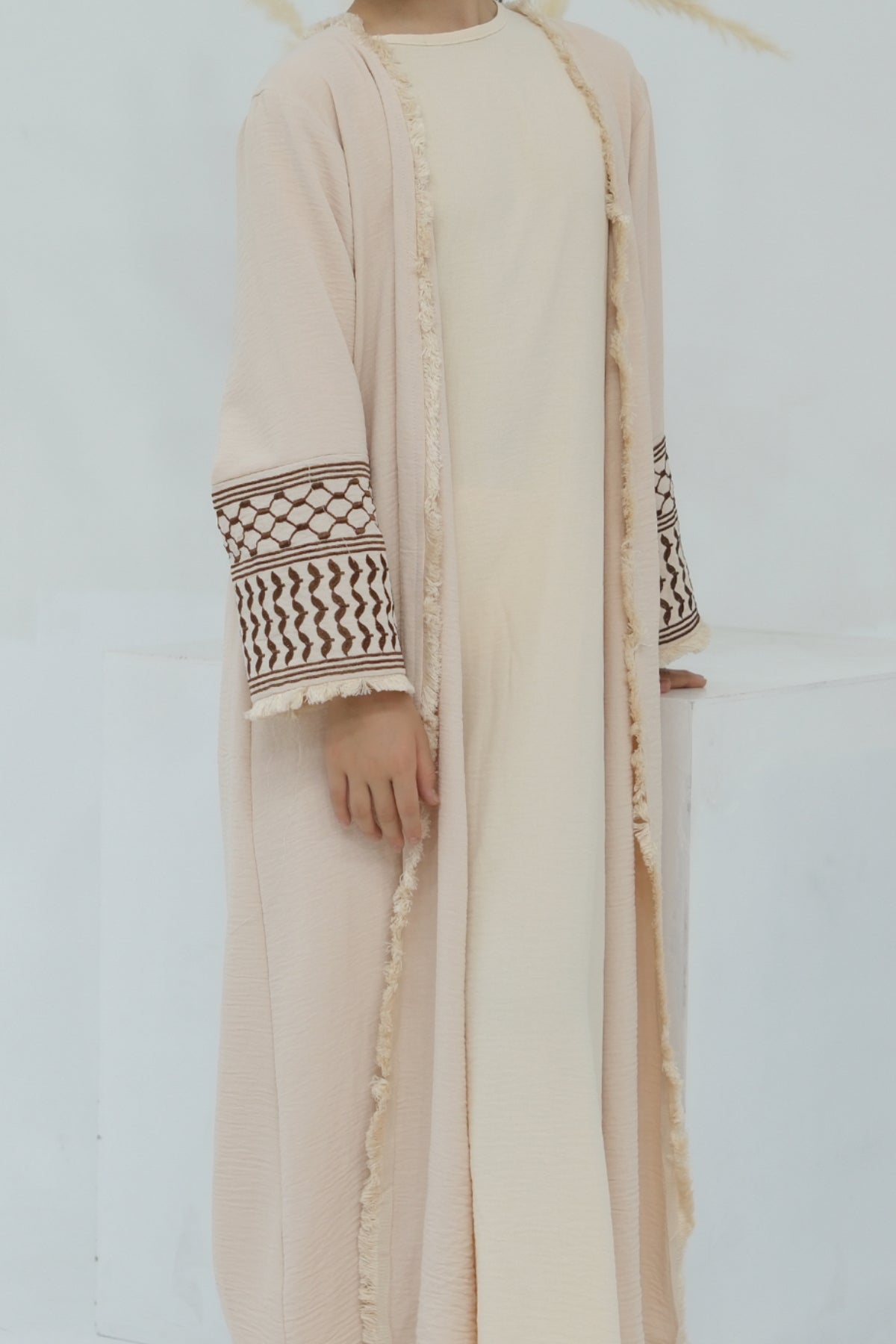 Karina Kids Keffiyeh Inspired Fringed Peace Dove Pattern Embroidery Girls Modest Open Abaya with belt 782-Beige - Meliza
