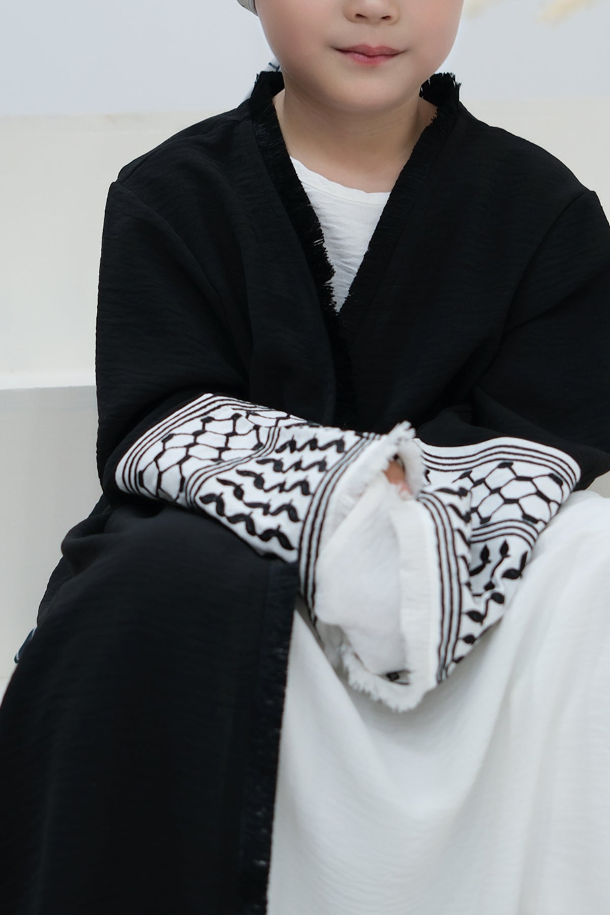 Karina Kids Keffiyeh Inspired Fringed Peace Dove Pattern Embroidery Girls Modest Open Abaya with belt 782-Black - Meliza
