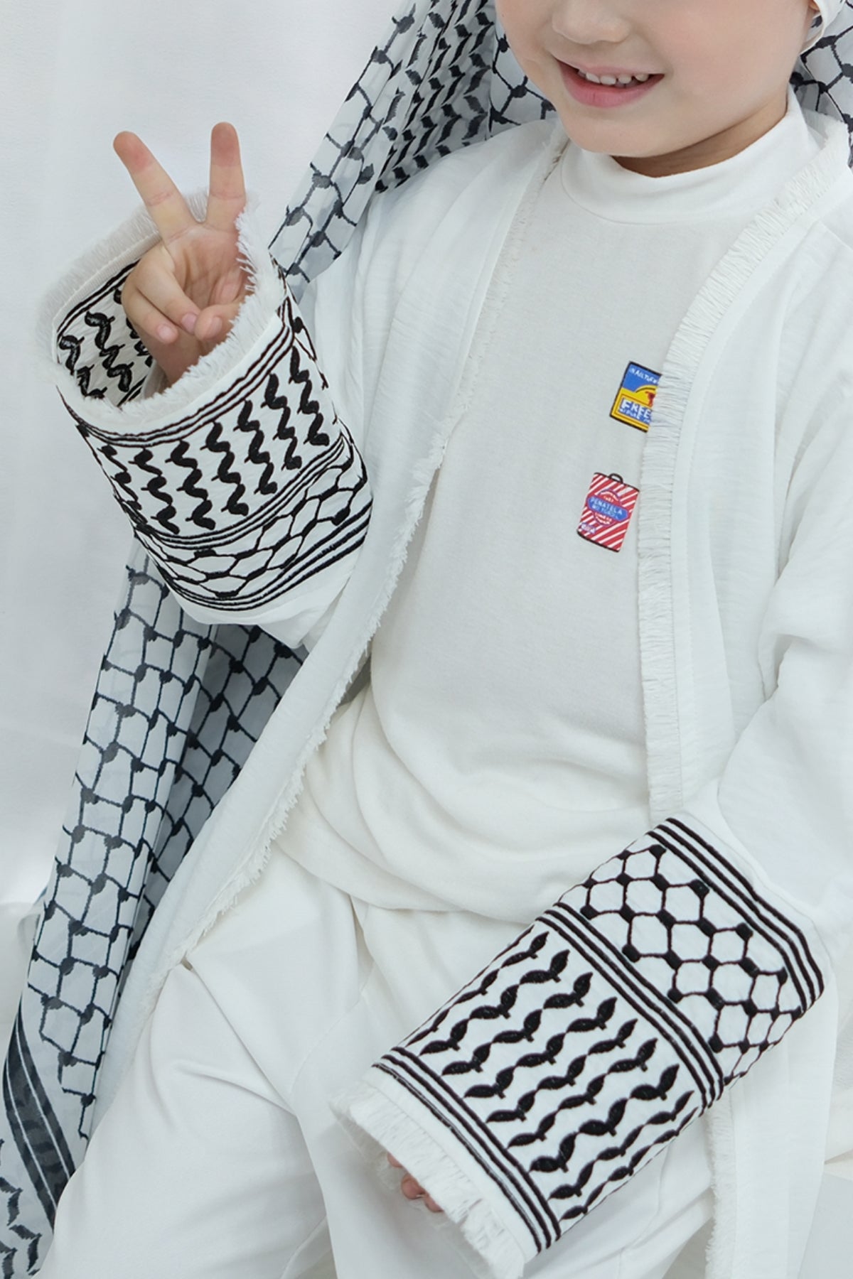 Karina Kids Keffiyeh Inspired Fringed Peace Dove Pattern Embroidery Girls Modest Open Abaya with belt 782 - White - Meliza