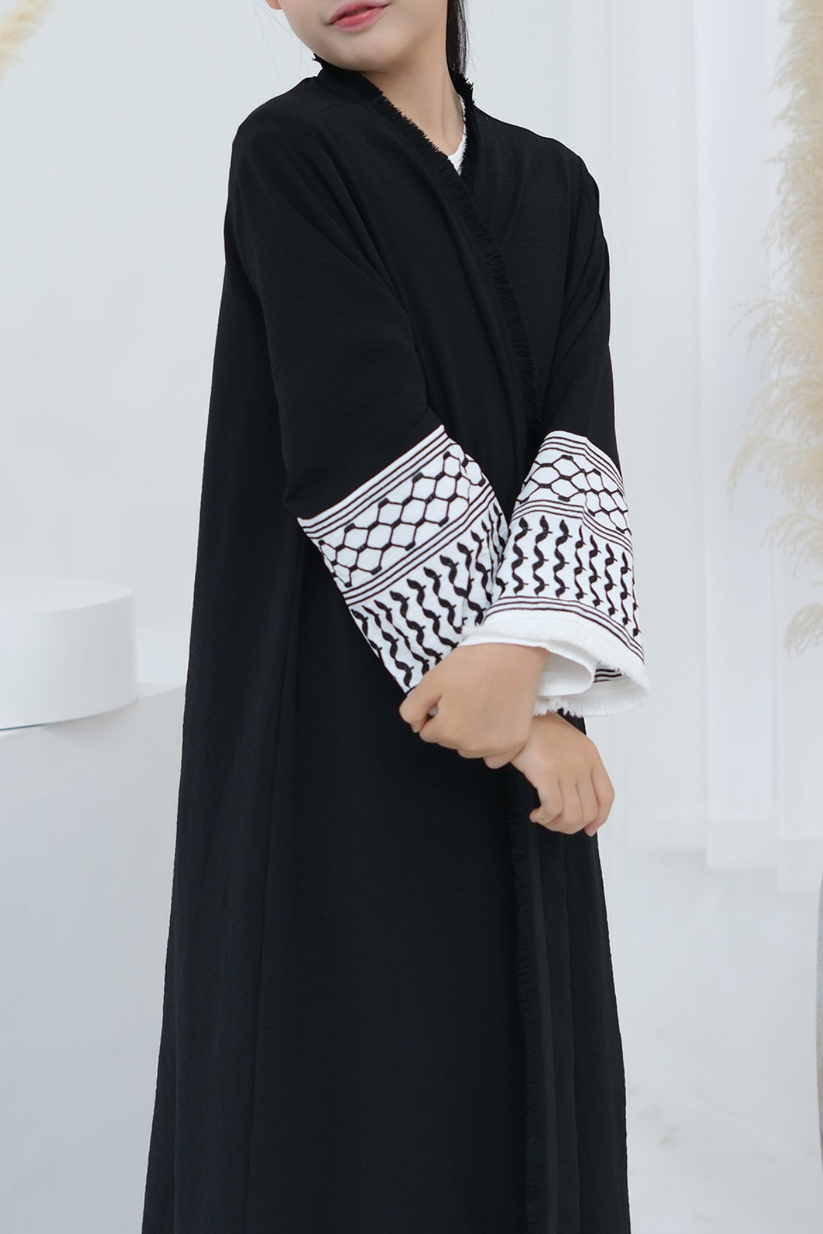 Karina Kids Keffiyeh Inspired Fringed Peace Dove Pattern Embroidery Girls Modest Open Abaya with belt 782-Black - Meliza