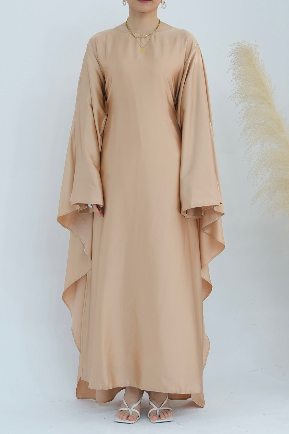 Ella Silky Satin Batwing Butterfly Sleeves Kaftan Maxi Dress Abaya 803 - Beige