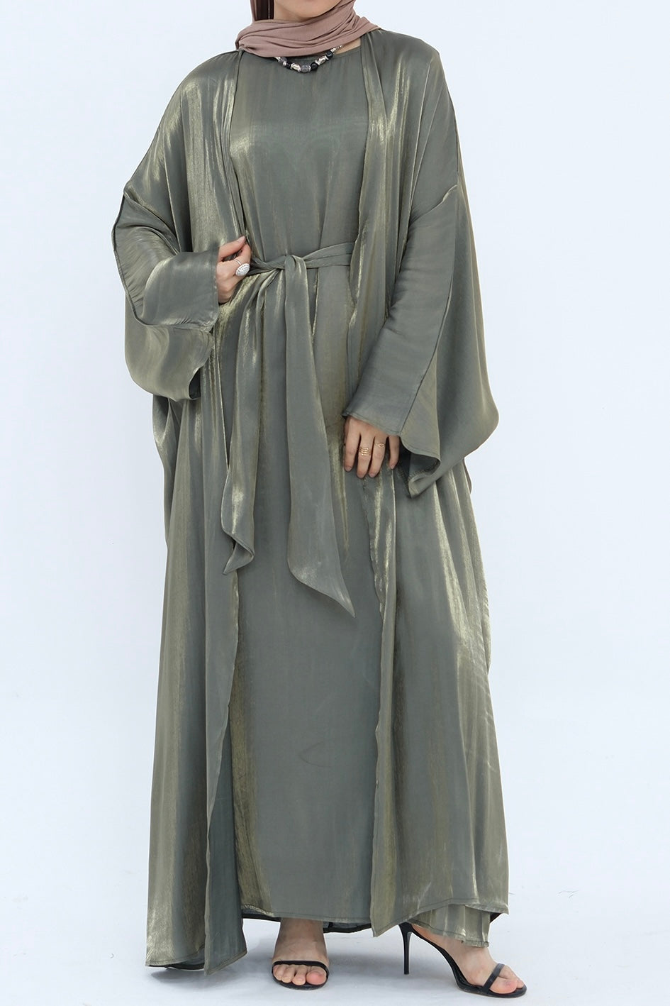 Sania Metallic Shimmer Modest Abaya Set 808 - Army Green