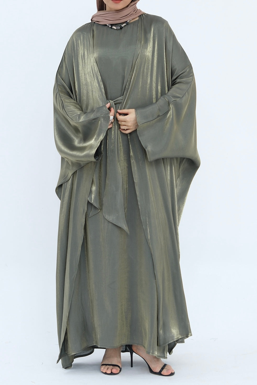 Sania Metallic Shimmer Modest Abaya Set 808 - Army Green