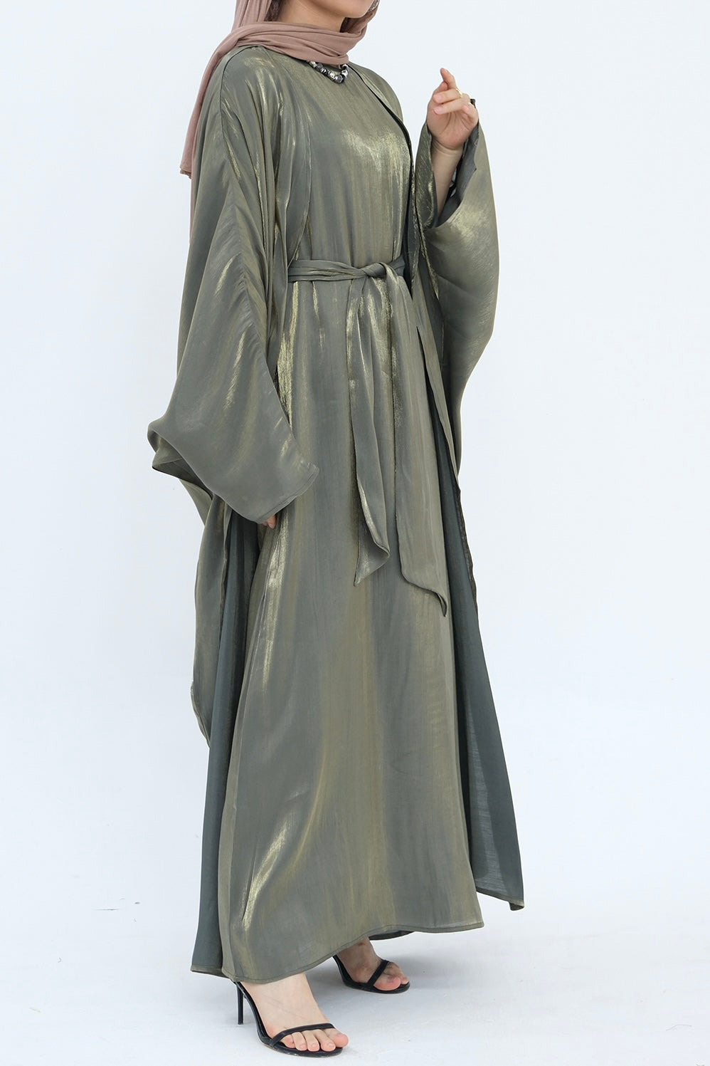 Sania Metallic Shimmer Modest Abaya Set 808 - Army Green