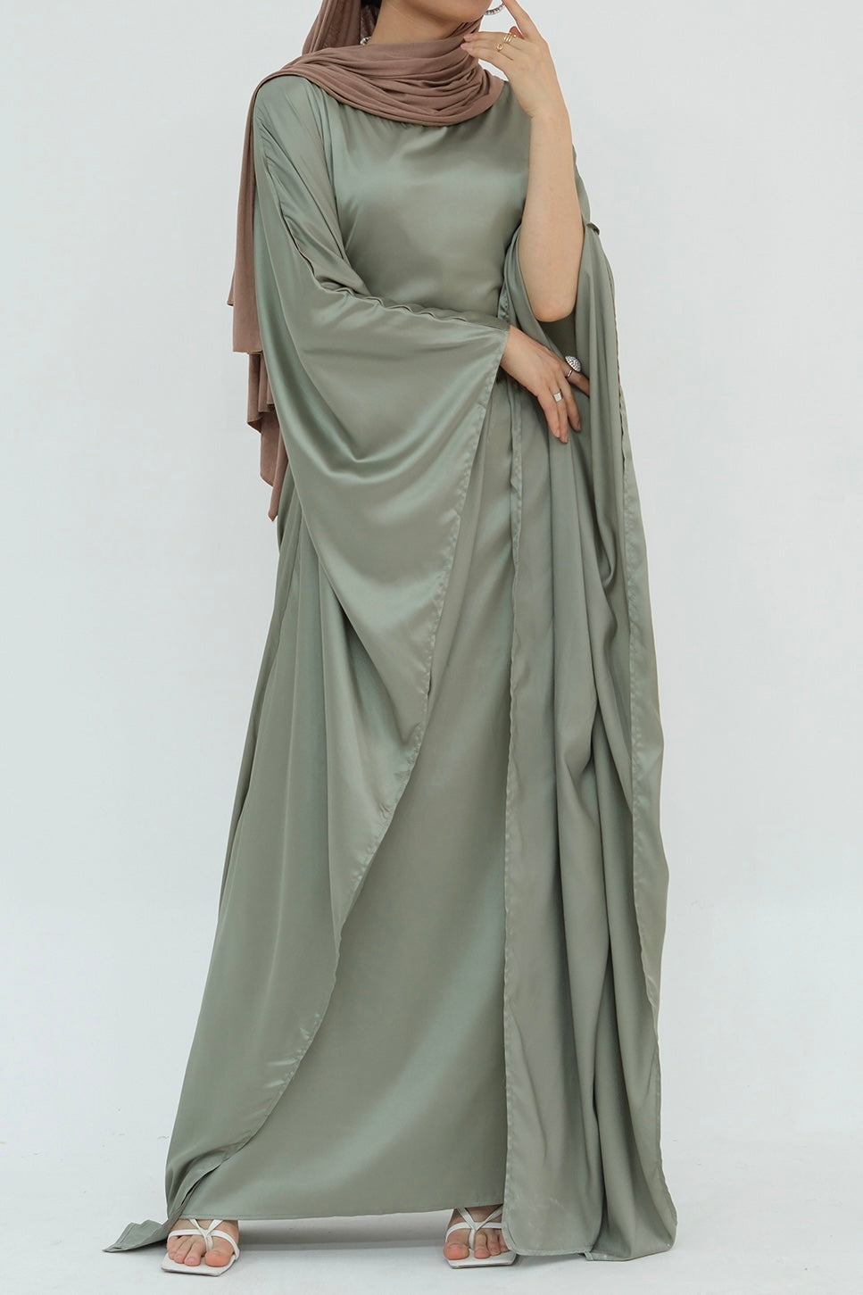 Isra Satin Batwing Butterfly Sleeves Kaftan Maxi Dress Abaya 816 -Sage Green Isra Satin Batwing Butterfly Sleeves Kaftan Maxi Dress Abaya 816 -Sage Green