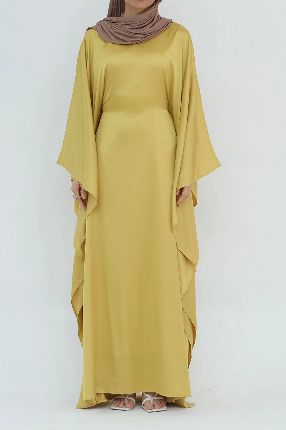 butterfly maxi dress with sleeves Ella Silky Satin Batwing Butterfly Sleeves Kaftan Maxi Dress Abaya 803- Pink, Pink / 2