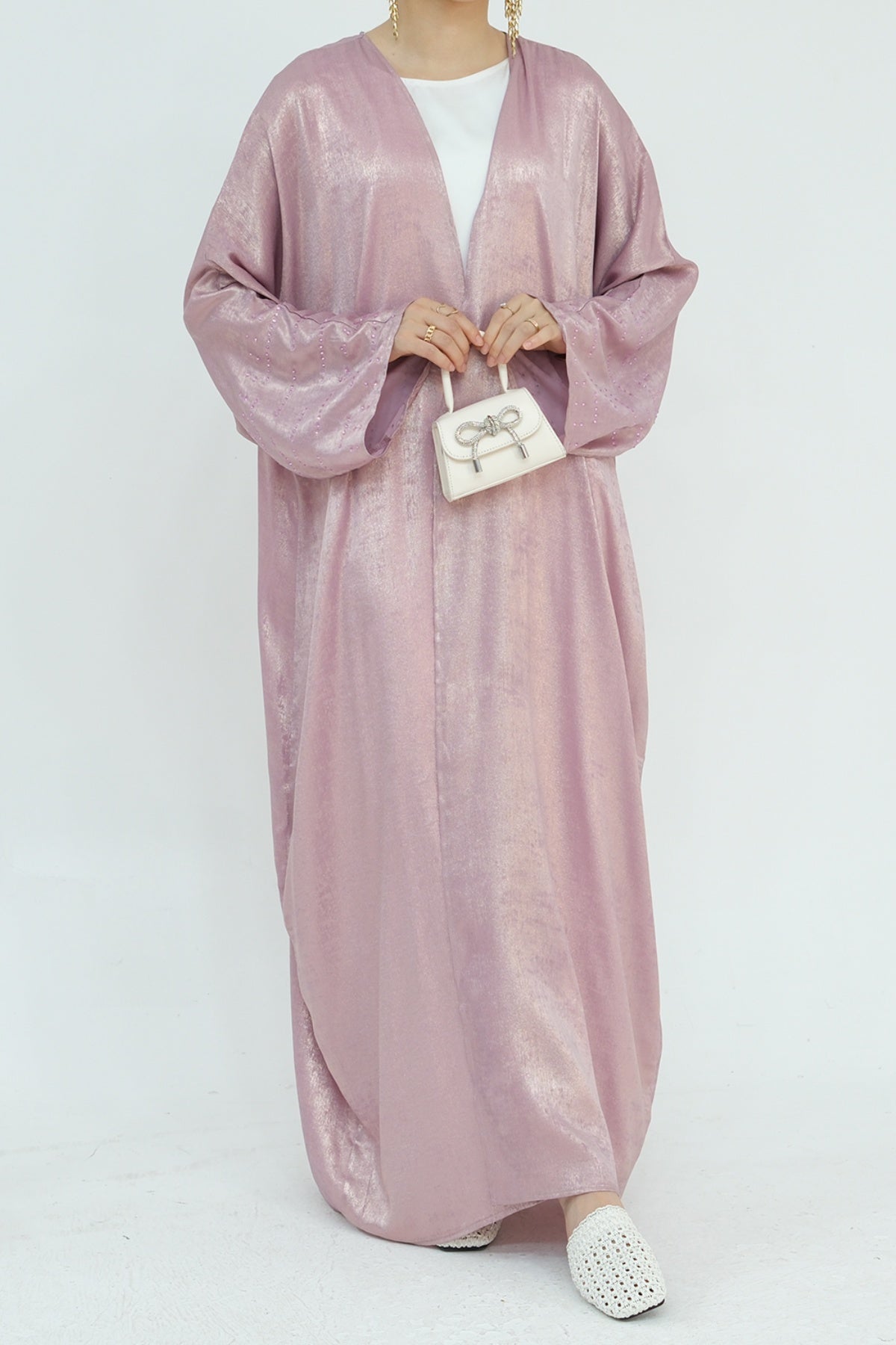 Nadia Metallic Cuff Embellished Open Abaya 817 - Pink
