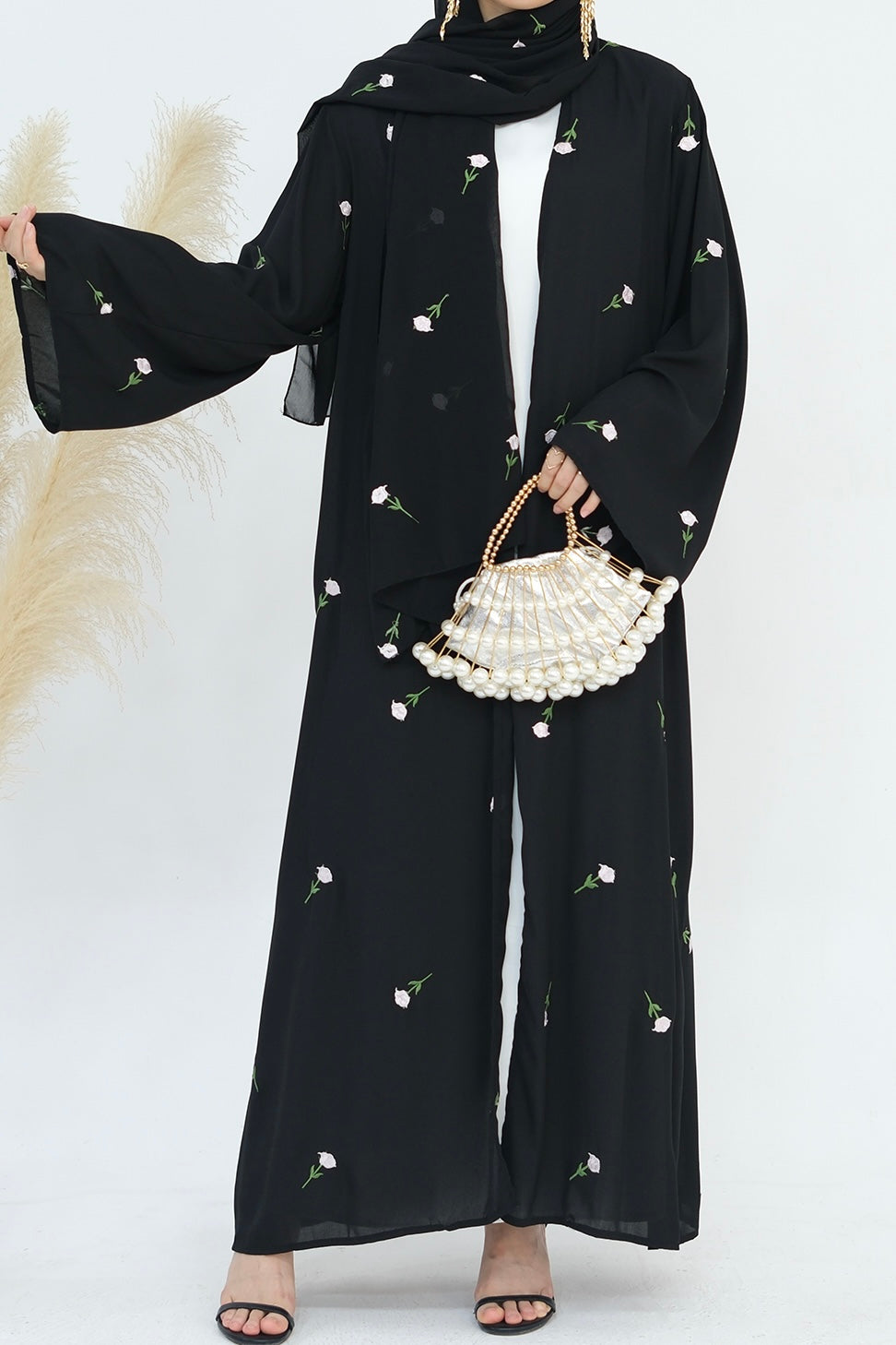 Serena Floral Embroidery Chiffon Open Abaya 818 - Black