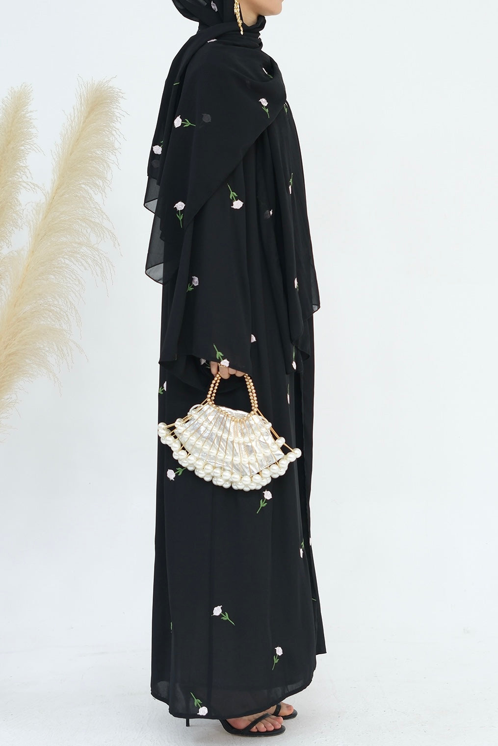 Serena Floral Embroidery Chiffon Open Abaya 818 - Black