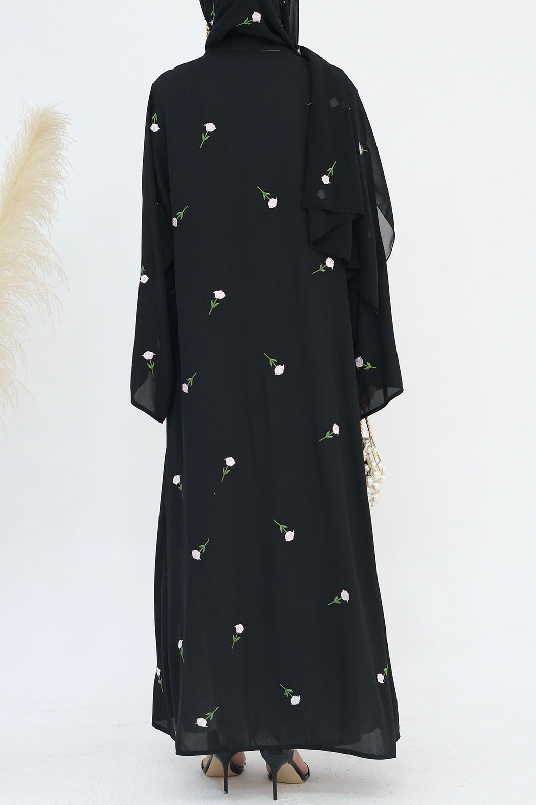 Serena Floral Embroidery Chiffon Open Abaya 818 - Black