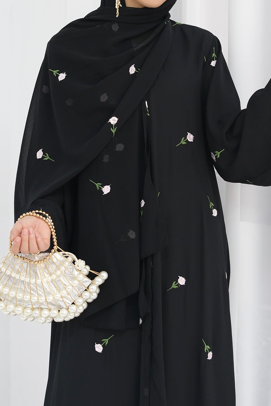 Serena Floral Embroidery Chiffon Open Abaya 818 - Black