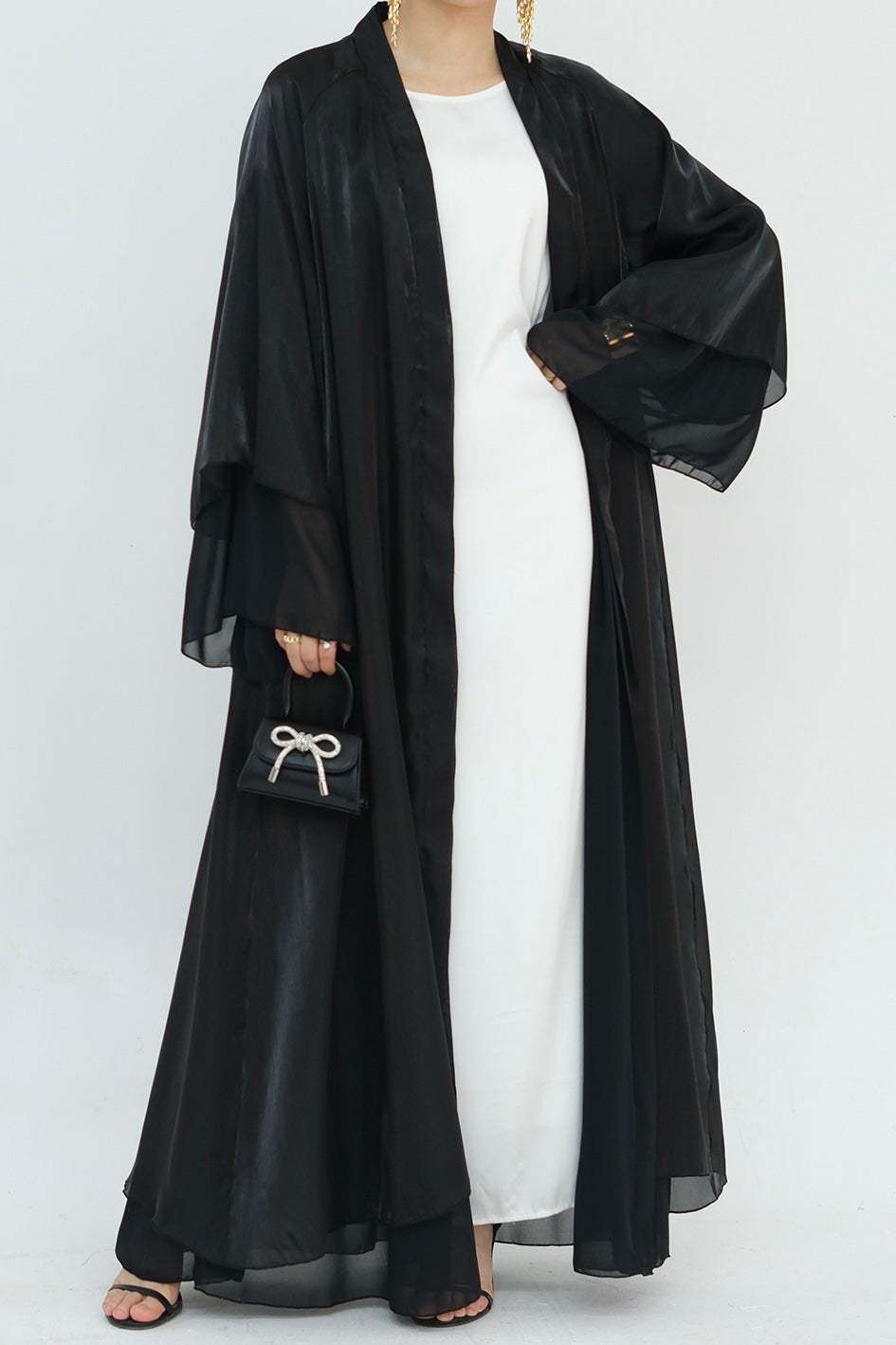 Camille Elegant Shimmering Overlay Open Abaya 839 - Black