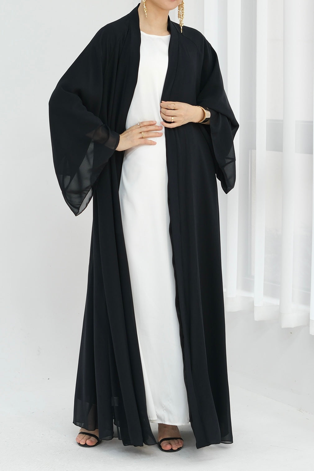 Camille Elegant Shimmering Overlay Open Abaya 839 - Black