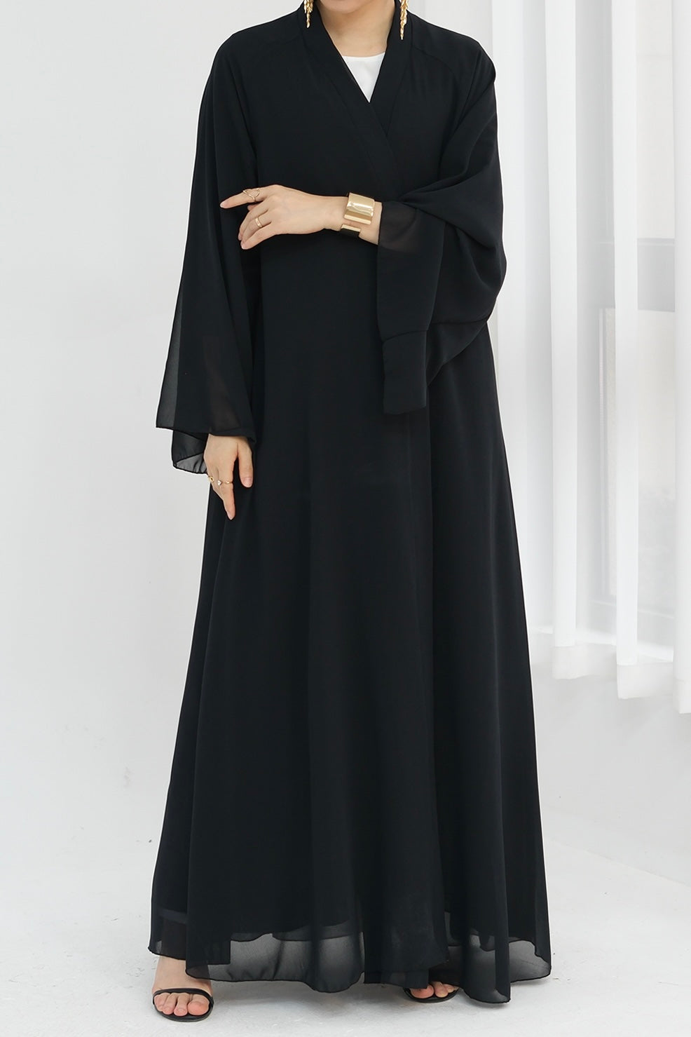 Camille Elegant Shimmering Overlay Open Abaya 839 - Black
