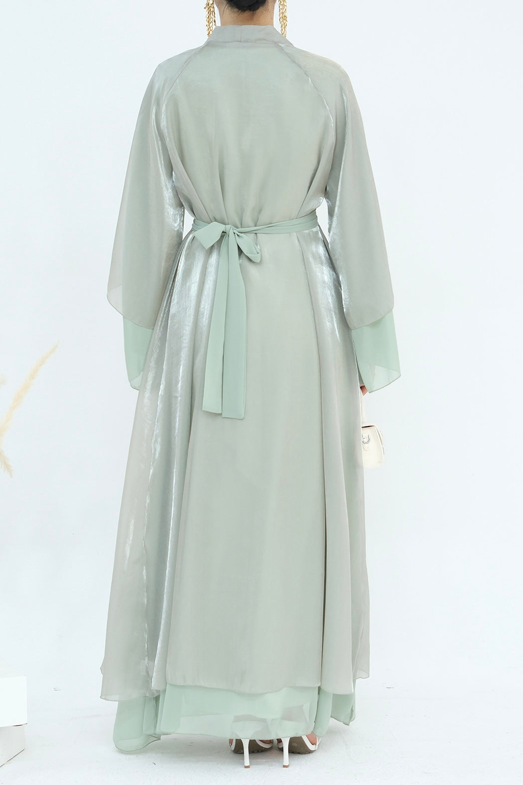 Camille Elegant Shimmering Overlay Open Abaya 839- Sage Green