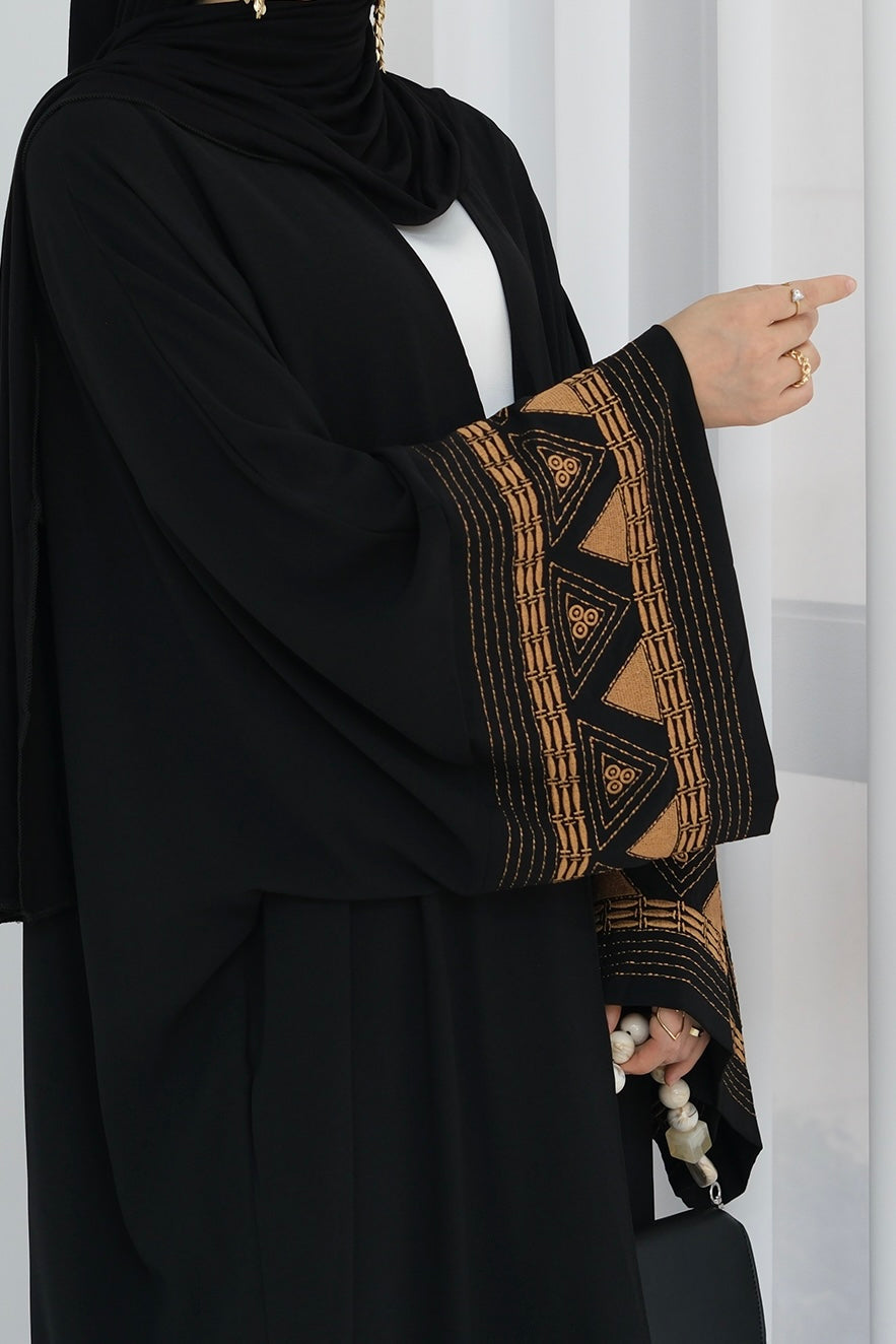 Mariam Intricate Geometric Embroidery Open Abaya 844 - Black