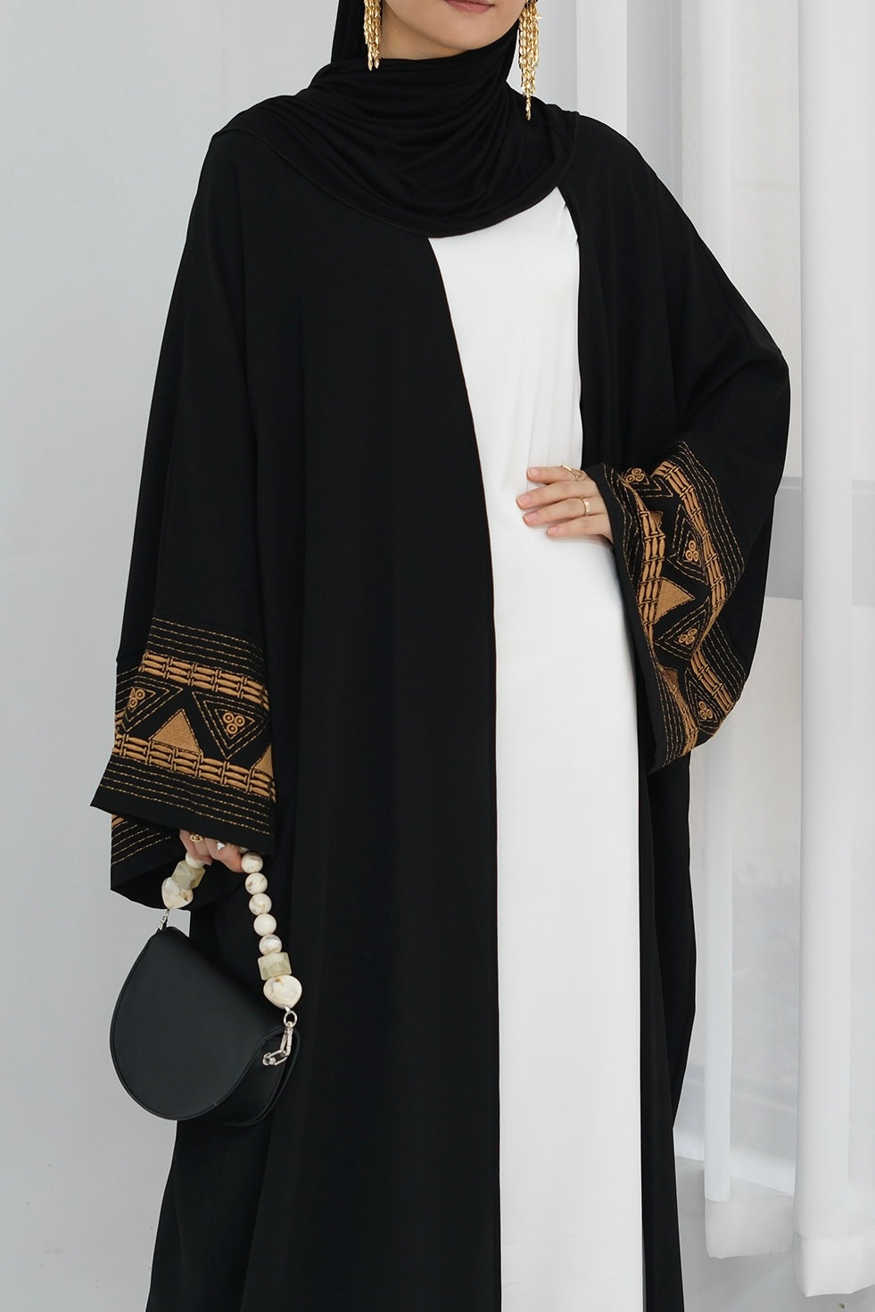 Mariam Intricate Geometric Embroidery Open Abaya 844 - Black