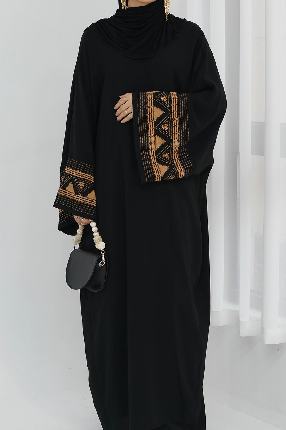 Mariam Intricate Geometric Embroidery Open Abaya 844 - Black