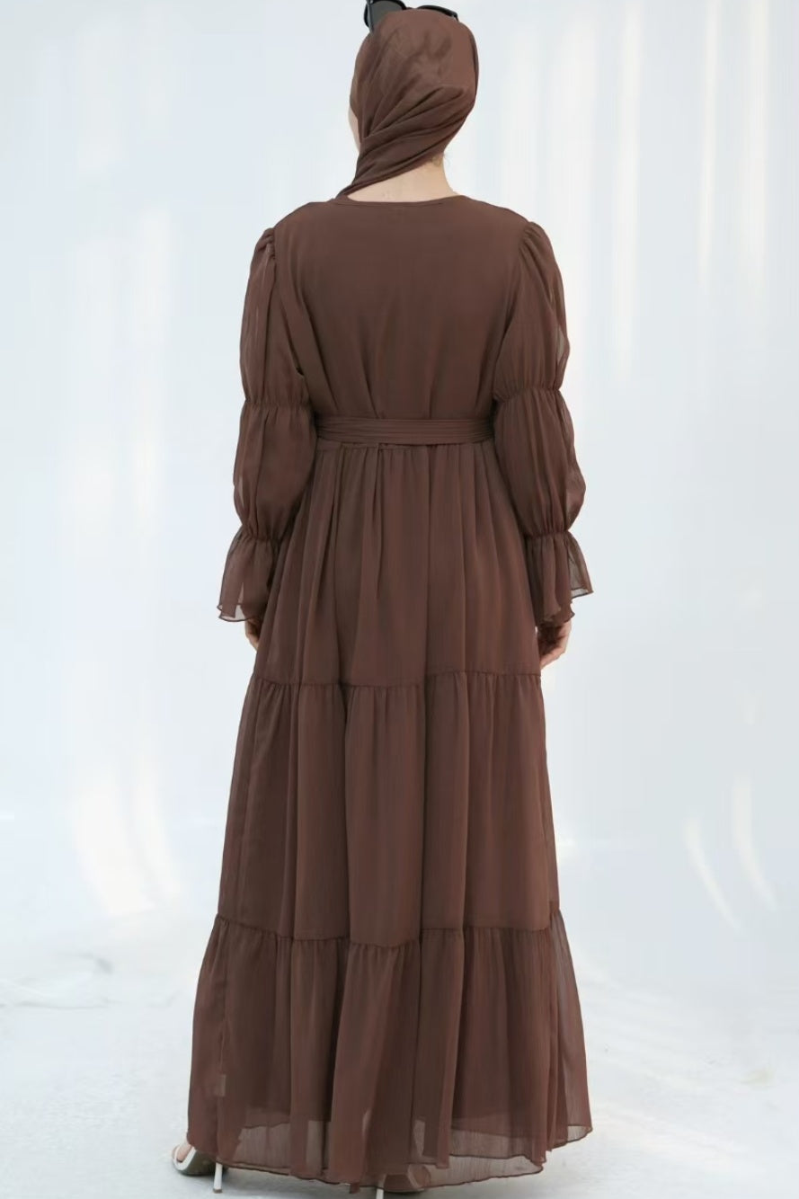 Jumana Chiffon Elastic Cuff Open Abaya Set 866+867 - Coffee