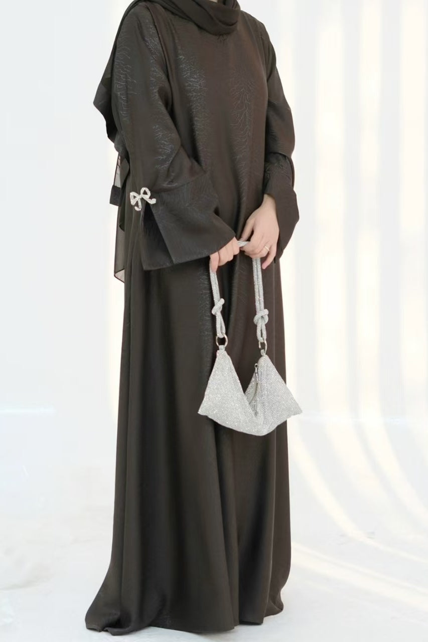 Sofia Elegant Jacquard Abaya with Rhinestone Bow Cuff Decoration 006 - Coffee