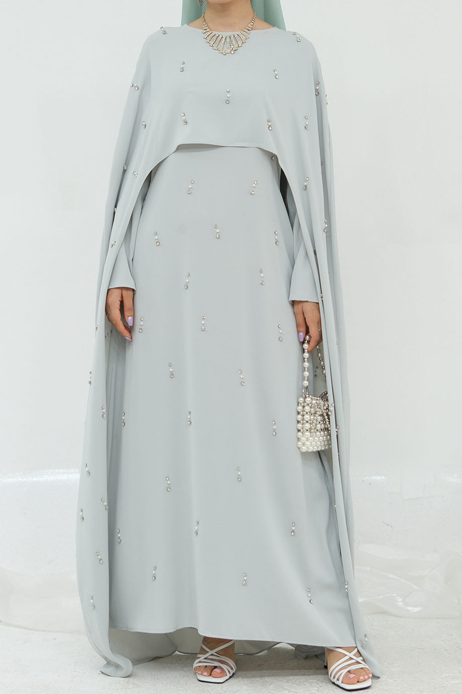 Aureya Solid Crystal-Embellished Faux Two-Piece Abaya 997 –Light Grey