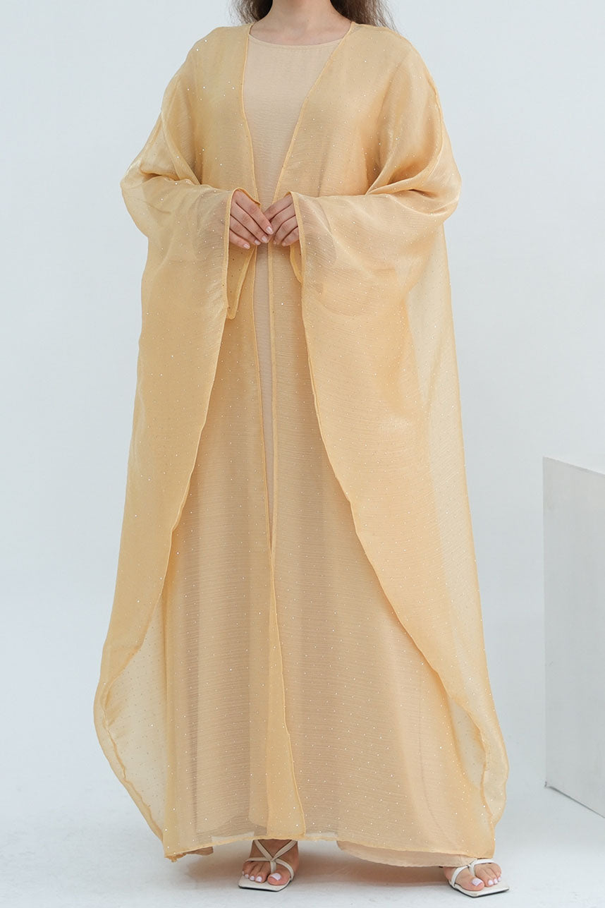 Luminous Sparkle-Drape Elegant Open Abaya 1026 – Khaki