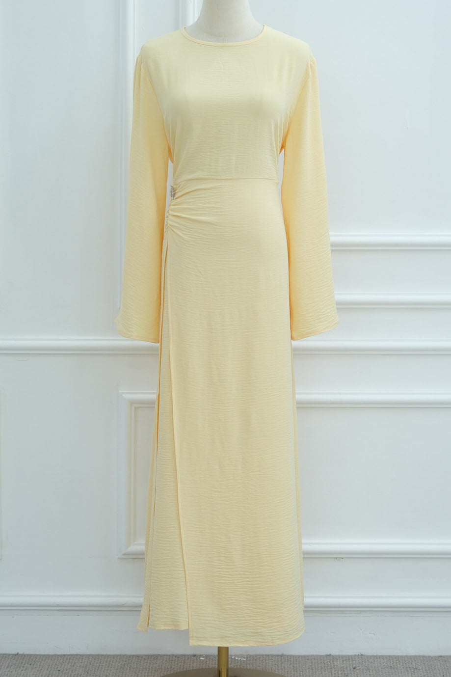 Velora Elegant Ruched Maxi Dress Abaya 1077 – Yellow