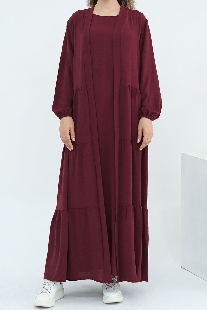 Edenveil Open Abaya & Sleeveless Dress Set 1018 – Burgundy