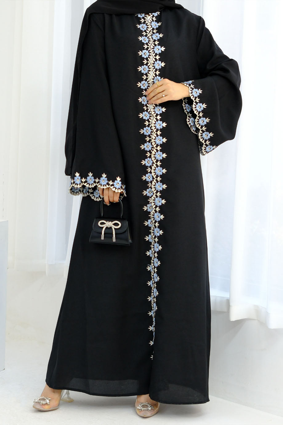 Elysia Floral Embroidered Open Abaya 909 – Black