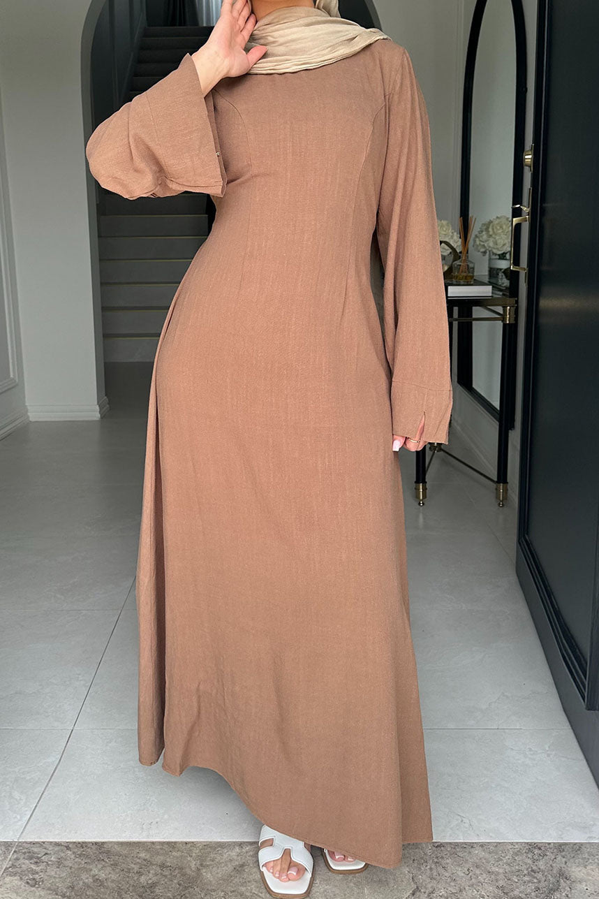 Oasis Adjustable-Waist Cotton-Linen Maxi Dress Abaya 948 – Brown