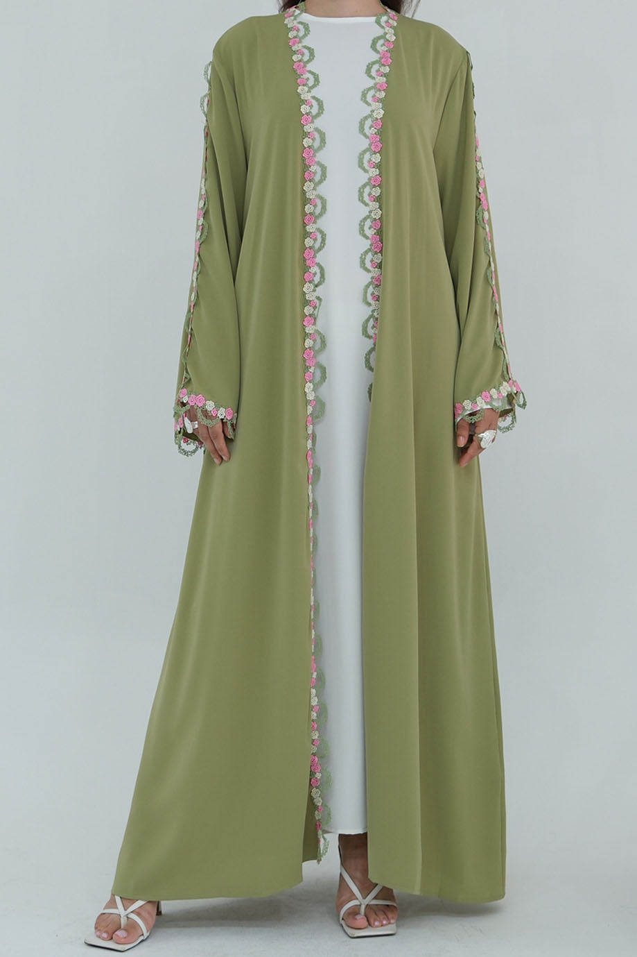 Mirage Embroidered Open Abaya Cardigan 1079 – Olive Green