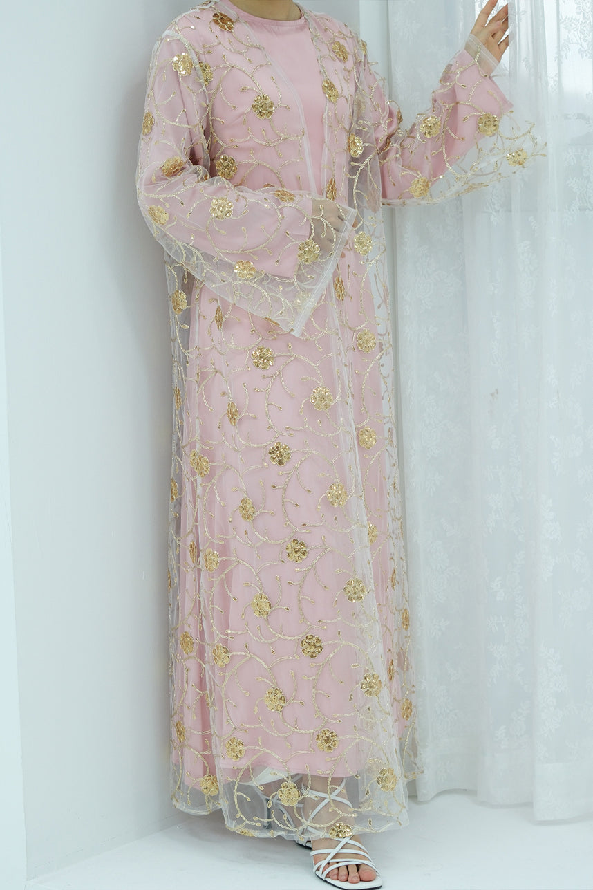 Lunis Gold-Embroidered Floral Open Abaya 1070 – Pink