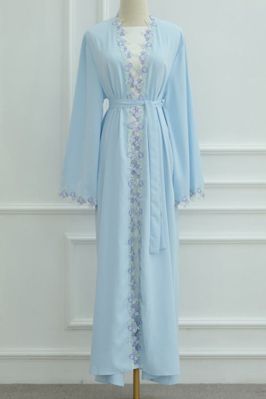 Alara Floral Embroidered Open Abaya Cardigan 1078 – Blue