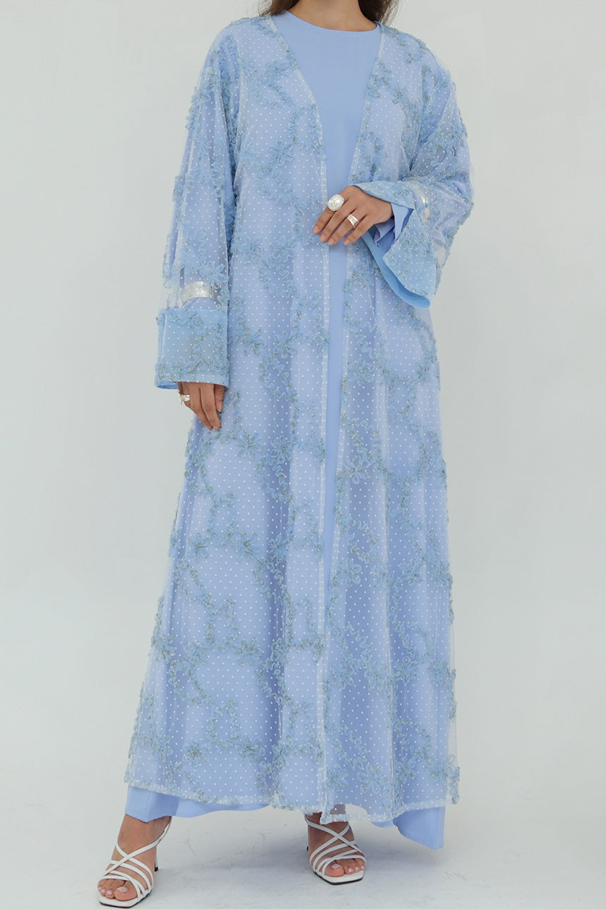 Vionne 3D Floral Mesh Open Abaya 1074 – Blue