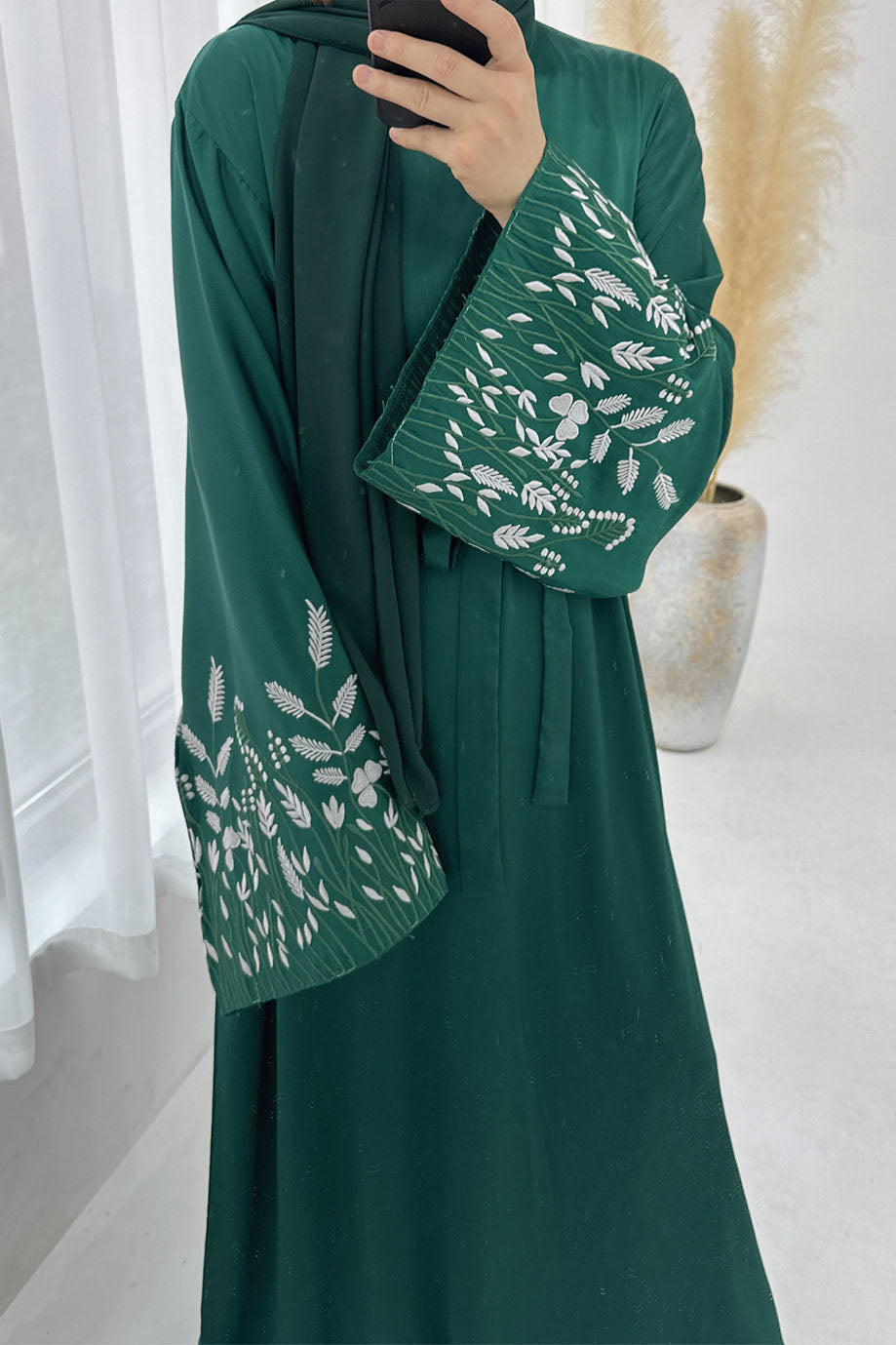 Seraya Leaf Embroidered Elegant Abaya Dress 769 – Dark Green