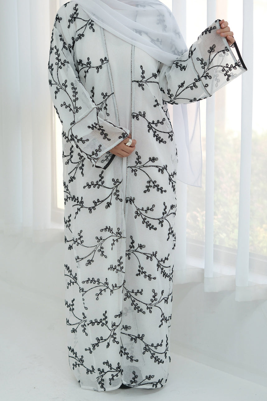 Meadowe Full Embroidered Mesh Open Abaya 1075 – White