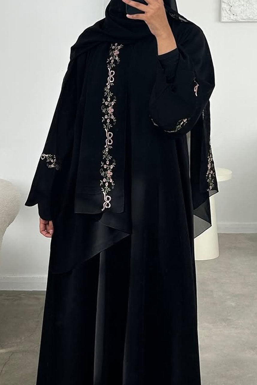 Aurora Floral-Embroidered Elegant Open Abaya 1068 – Black