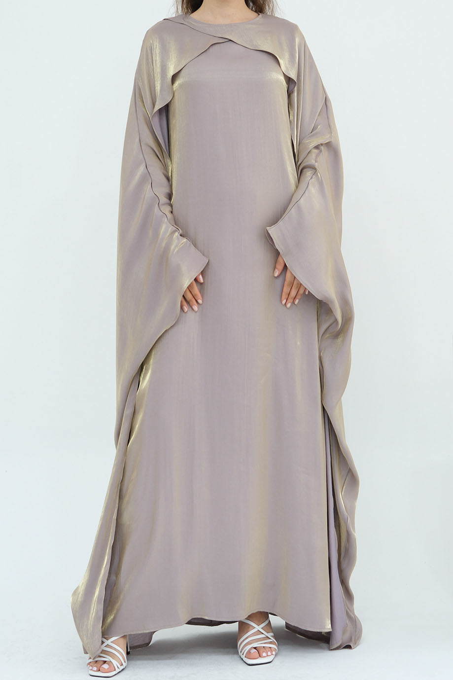 Solenne Pearl-Sheen Elegant Two-Piece Abaya 1028 – Champagne Taupe