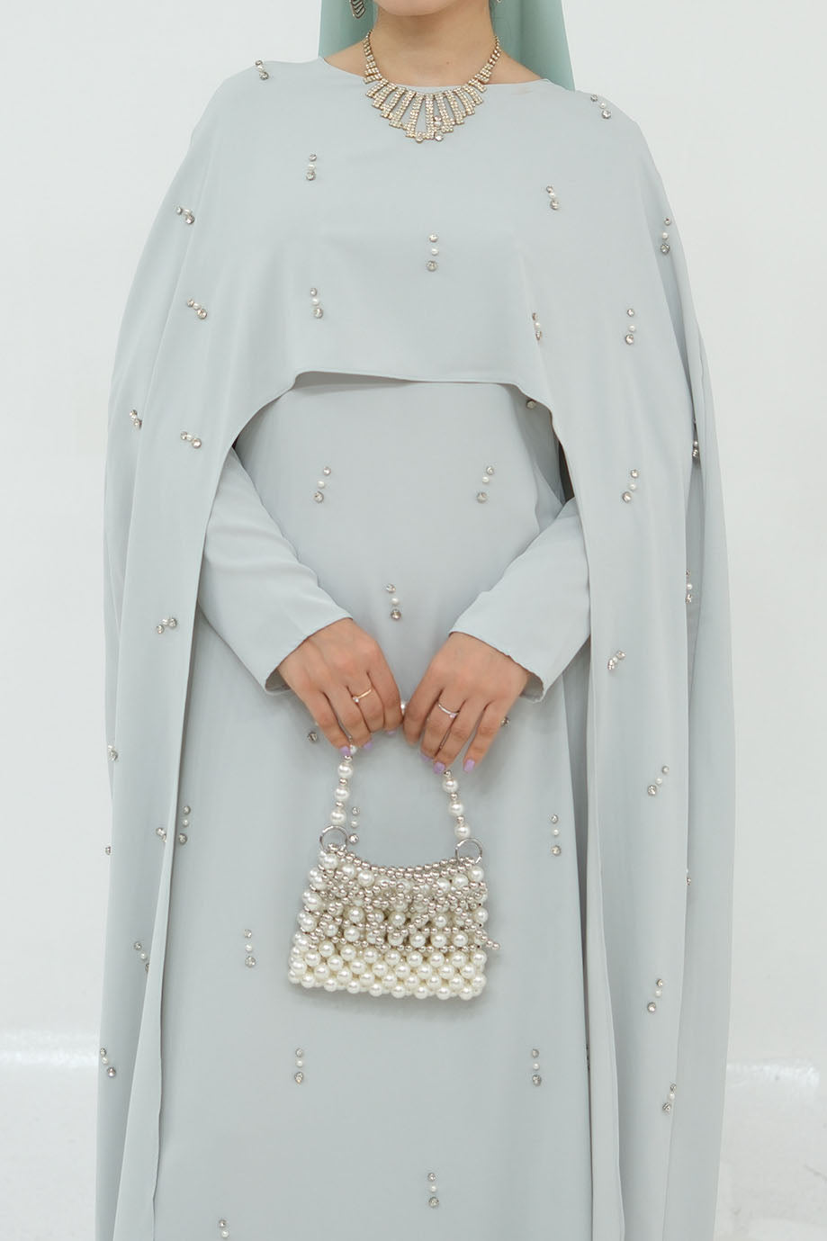 Aureya Solid Crystal-Embellished Faux Two-Piece Abaya 997 –Light Grey