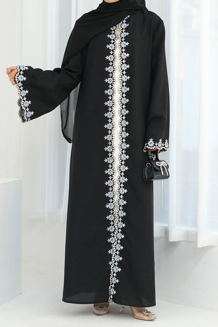 Elysia Floral Embroidered Open Abaya 909 – Black