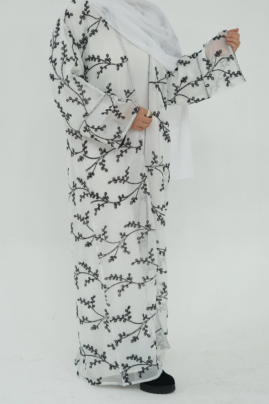 Meadowe Full Embroidered Mesh Open Abaya 1075 – White