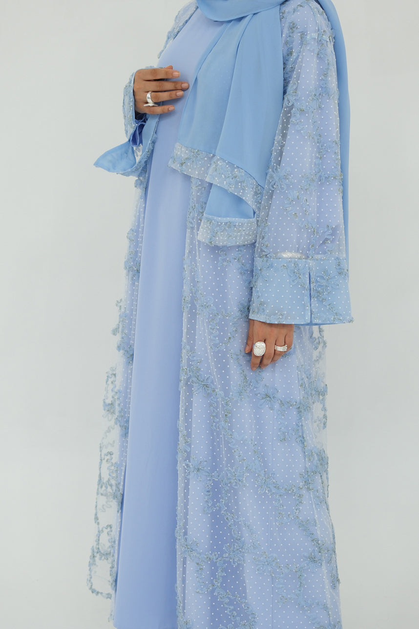 Vionne 3D Floral Mesh Open Abaya 1074 – Blue