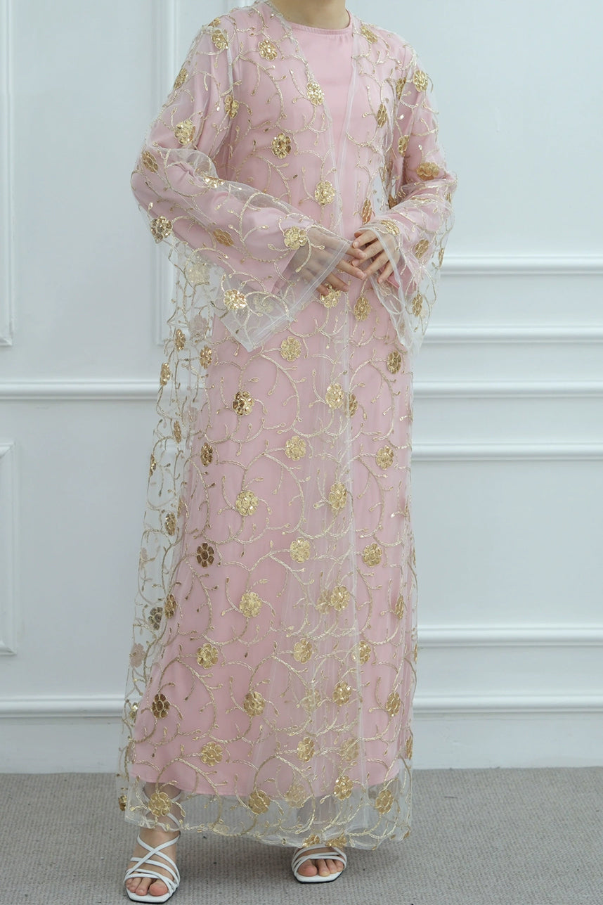 Lunis Gold-Embroidered Floral Open Abaya 1070 – Pink