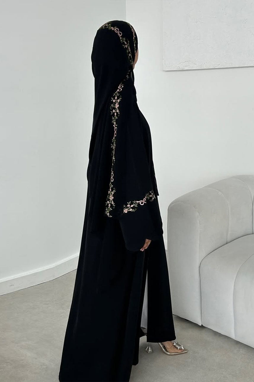 Aurora Floral-Embroidered Elegant Open Abaya 1068 – Black